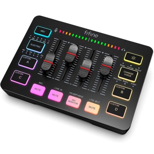 Fifine AmpliGame SC3 Mezclador de Audio Gaming XLR/Auriculares RGB USB-C Negro