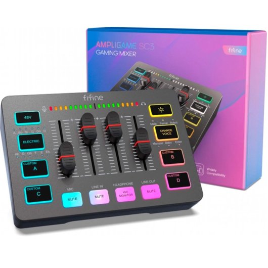 Fifine AmpliGame SC3 Mezclador de Audio Gaming XLR/Auriculares RGB USB-C Negro