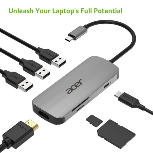 Acer Docking Station Dongle USB-C 7 en 1 PD 100W 1x Tipo-C, 1x HDMI 4K60, 3x USB3.2, 1x SD/TF Plata