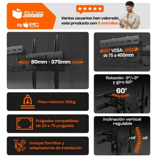 PcCom Essential Soporte TV 23 a 75" VESA 200x200/400x400 Máx 50Kg Reacondicionado