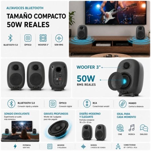 Nilait Acustiq Altavoces Bluetooth 50W RMS RCA, Óptico y Bluetooth Negros