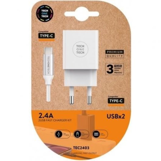 Tech One Tech TEC2403 Cargador de Pared 2xUSB 2.4A + Cable USB-C Blanco