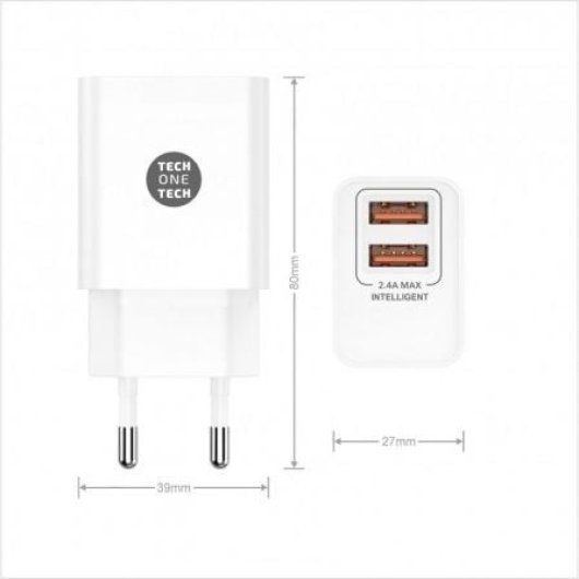 Tech One Tech TEC2403 Cargador de Pared 2xUSB 2.4A + Cable USB-C Blanco