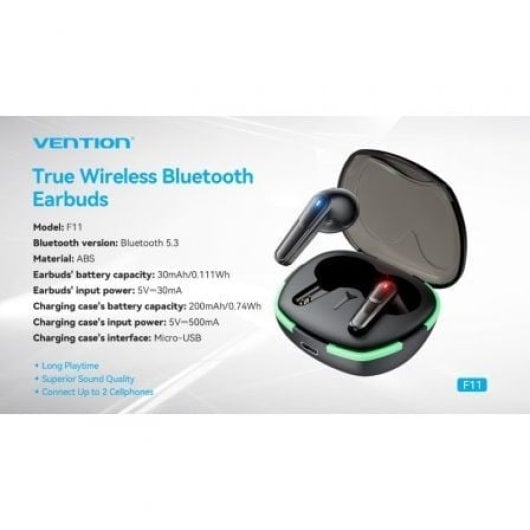 Vention AIR A02 F11B0 Auriculares Bluetooth 5.3 Estuche Carga 7h Negros