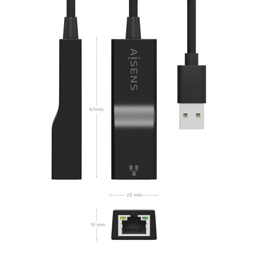 AISENS Conversor USB 3.0 a Ethernet Gigabit 10/100/1000 Mbps 15cm Negro PC