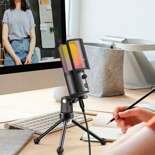 Fifine K669Pro3 Micrófono de Condensador Cardioide para Streaming y Podcasting RGB USB-C Negro