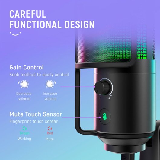Fifine K669Pro3 Micrófono de Condensador Cardioide para Streaming y Podcasting RGB USB-C Negro
