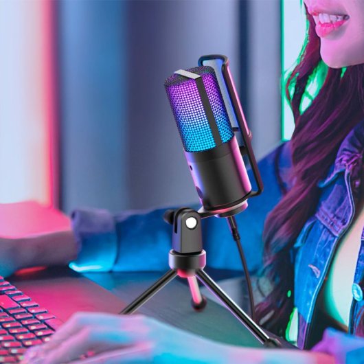 Fifine K669Pro3 Micrófono de Condensador Cardioide para Streaming y Podcasting RGB USB-C Negro