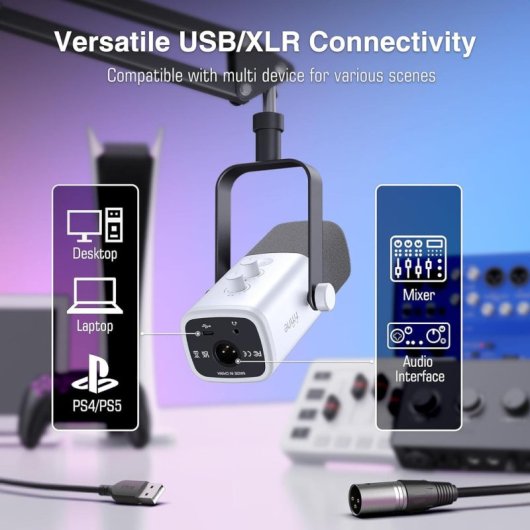 Fifine AmpliGame AM8 Micrófono Dinámico RGB para Streaming y Podcasting USB-C/XLR Blanco