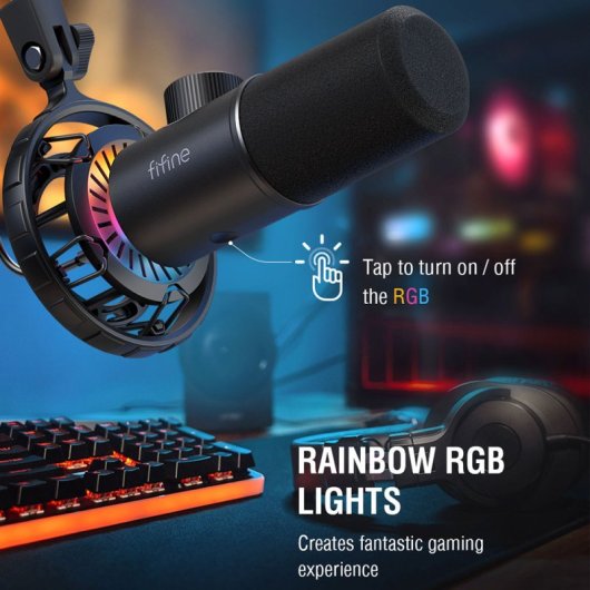 Fifine K658 Micrófono Dinámico Cardioide para Streaming y Podcasting USB-C RGB Negro