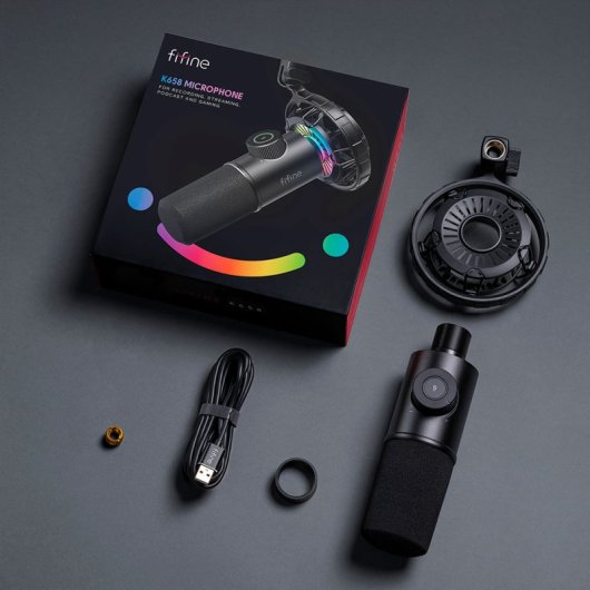 Fifine K658 Micrófono Dinámico Cardioide para Streaming y Podcasting USB-C RGB Negro