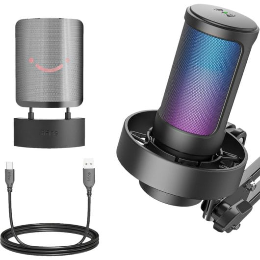 Fifine A8T Micrófono de Condensador con Soporte de Brazo Ajustable RGB USB-C Negro
