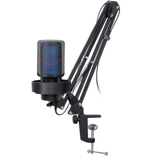 Fifine A8T Micrófono de Condensador con Soporte de Brazo Ajustable RGB USB-C Negro