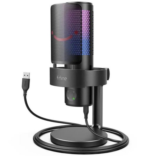 Fifine A9 Micrófono de Condensador con Base, Soporte Antigolpes y Filtro Antipop RGB USB-C Negro
