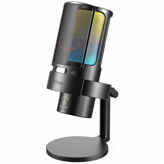 Fifine A9 Micrófono de Condensador con Base, Soporte Antigolpes y Filtro Antipop RGB USB-C Negro