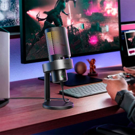 Fifine A9 Micrófono de Condensador con Base, Soporte Antigolpes y Filtro Antipop RGB USB-C Negro