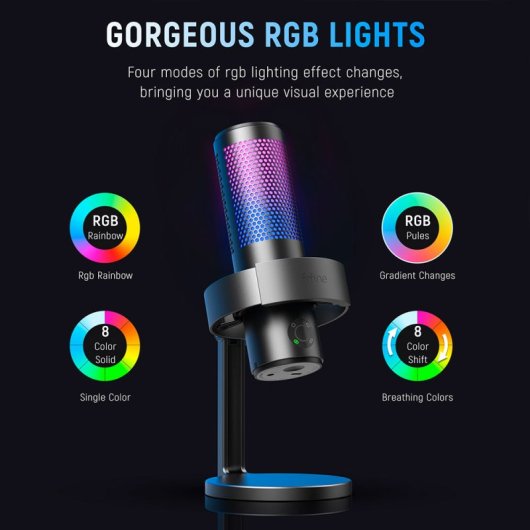Fifine A9 Micrófono de Condensador con Base, Soporte Antigolpes y Filtro Antipop RGB USB-C Negro