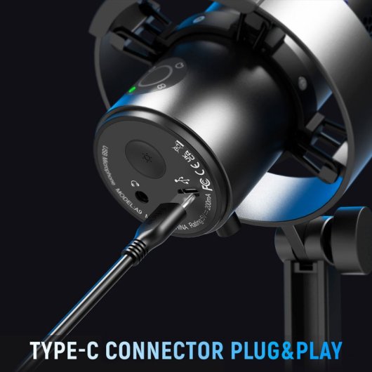 Fifine A9 Micrófono de Condensador con Base, Soporte Antigolpes y Filtro Antipop RGB USB-C Negro