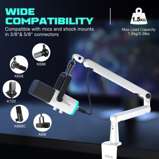 Fifine BM88 Soporte de Brazo para Micrófono de Perfil Bajo para Streaming y Podcasting Metal Blanco