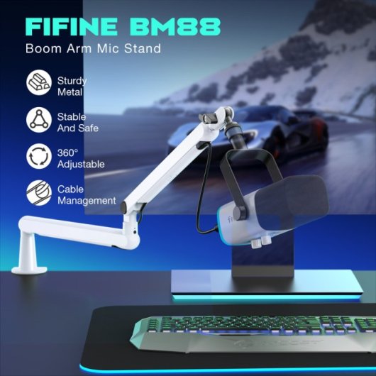 Fifine BM88 Soporte de Brazo para Micrófono de Perfil Bajo para Streaming y Podcasting Metal Blanco