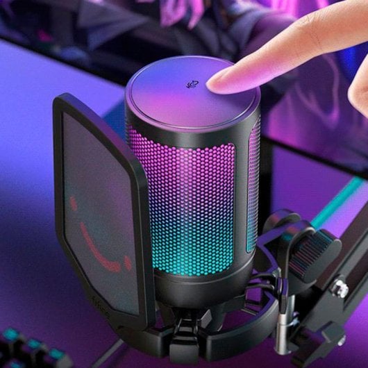 Fifine AmpliGame A6T Microfone Condensador com Braço Boom RGB USB-C Preto