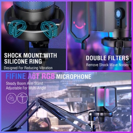 Fifine AmpliGame A6T Microfone Condensador com Braço Boom RGB USB-C Preto