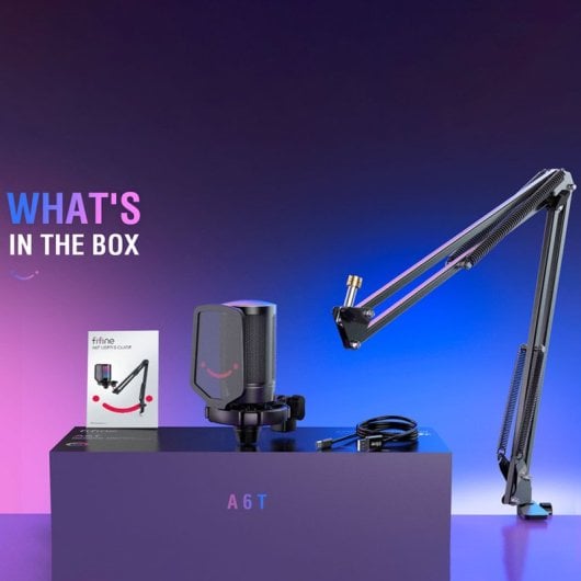 Fifine AmpliGame A6T Microfone Condensador com Braço Boom RGB USB-C Preto