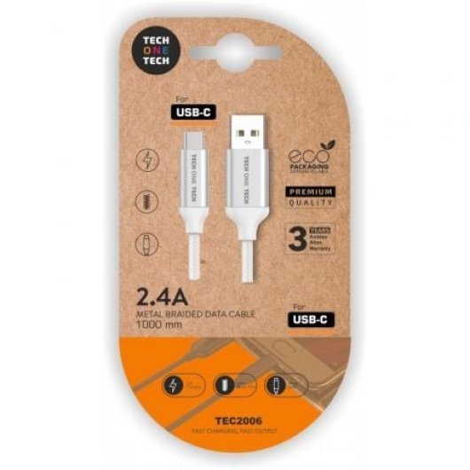 Tech One Tech TEC2006 Cable USB 2.0 USB-A a USB-C 1m Nylon Blanco