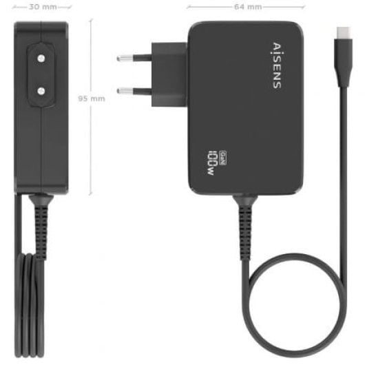 Aisens ASCH-1PD100WL50-BK Cargador USB-C 100W GaN Automático 1.8m Negro
