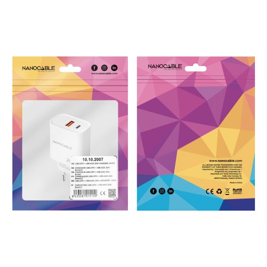 Nanocable 10.10.2007 Cargador de Pared 20W 1xUSB-A QC 1xUSB-C PD Blanco