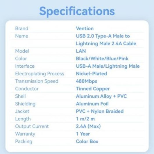 Vention LANWH Cable USB-A Lightning 2m 480Mbps Blanco