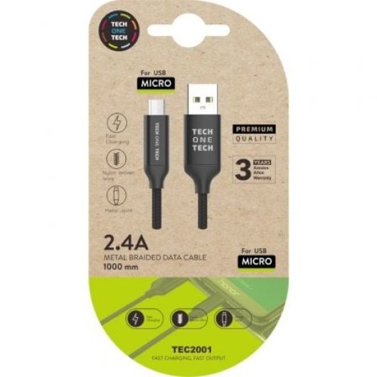 Tech One Tech TEC2001 Cable USB 2.0 2,4A 1m MicroUSB Negro