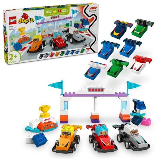 Lego Duplo Coches de Carreras y Pilotos del Equipo de F1, Juguete con Semáforo y Trofeo 2+ Años