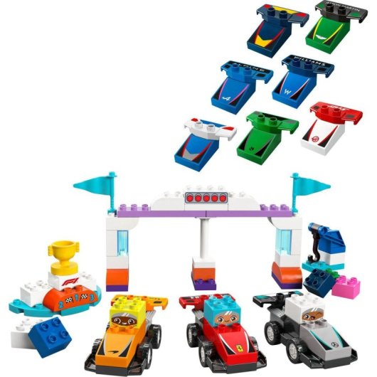 Lego Duplo Coches de Carreras y Pilotos del Equipo de F1, Juguete con Semáforo y Trofeo 2+ Años