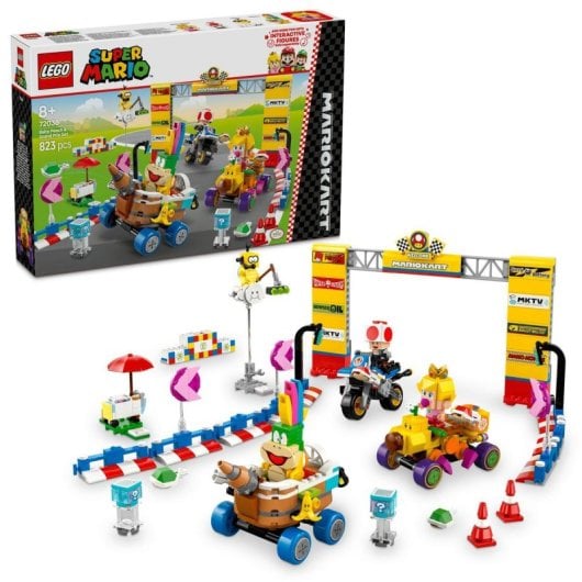 Lego Super Mario Kart: Set Bebé Peach y Grand Prix, Carreras y Figuras Toad, Lakitu, Lemmy (8+ Años)
