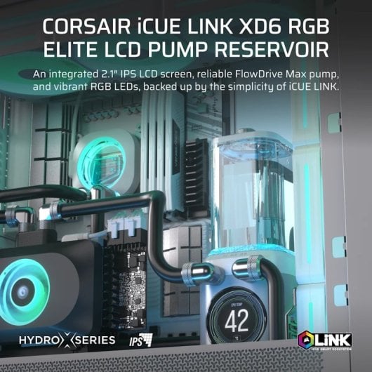 Pack pompe et réservoir LCD Corsair iCUE LINK XD6 RGB ELITE pour refroidissement liquide, blanc