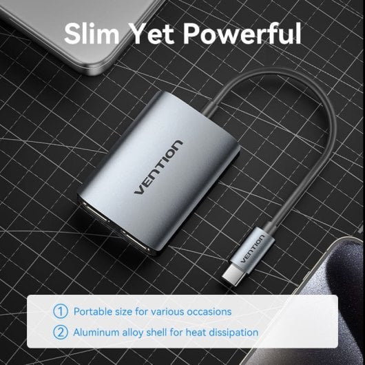 Vention ACZHB Adaptador USB-C a Dual HDMI 1.4 MST 0.15m Aluminio Gris