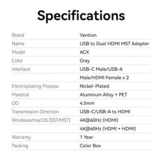 Vention ACXHB USB-C/USB-A auf 2x HDMI 4K 60Hz Konverter 15cm Grau DisplayLink