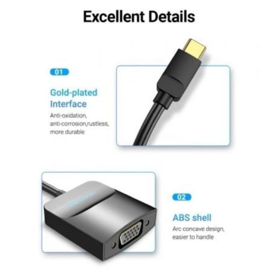 Adaptador Vention TDDBB USB Tipo-C a VGA 1920x1080p 60Hz ABS Cable 0,15m