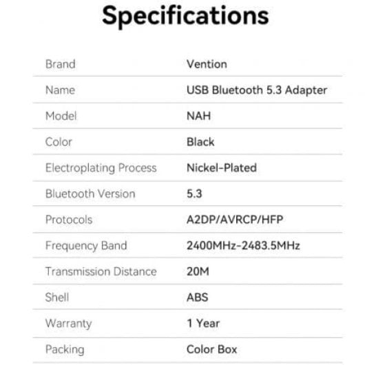Adaptador USB Vention NAHB0 Bluetooth 5.3, audio alta resolución, 20m alcance, 5 dispositivos