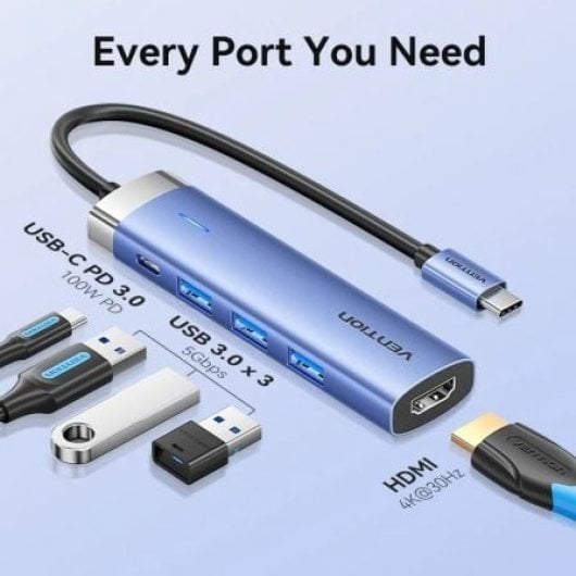 Docking Vention TGESB 3xUSB 3.0 HDMI 4K@30Hz USB-C PD 100W Aluminio Azul