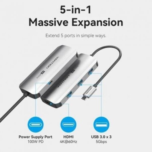 Dockingstation Vention TQDHB USB-C HDMI 4K 3xUSB 1xUSB-C PD 100W 0,15m Grau