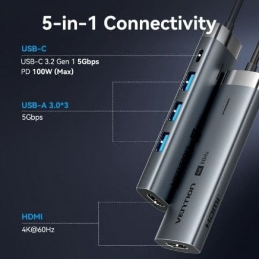 Docking Vention TGMHB USB Type-C 3xUSB 3.0 HDMI 4K 1xUSB-C PD 100W Alluminio
