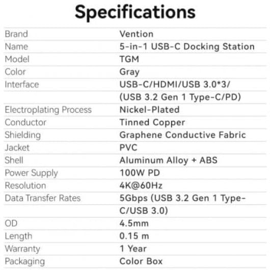 Docking Vention TGMHB USB Type-C 3xUSB 3.0 HDMI 4K 1xUSB-C PD 100W Alluminio