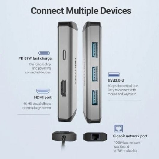 Docking Vention CNCHB USB-C HDMI 4K 3xUSB 1xUSB-C PD 1xRJ45 Grigio