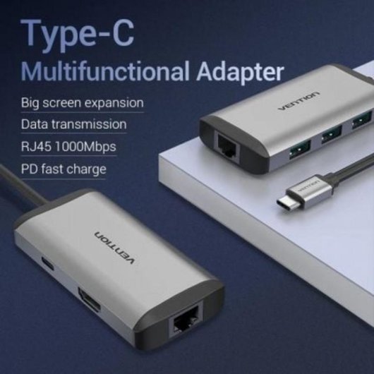 Dockingstation Vention CNCHB USB-C HDMI 4K 3xUSB 1xUSB-C PD RJ45 Grau
