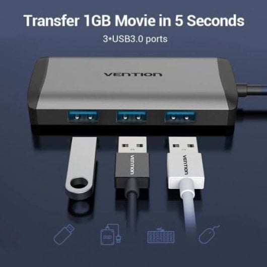 Docking Vention CNCHB USB-C HDMI 4K 3xUSB 1xUSB-C PD 1xRJ45 Grigio