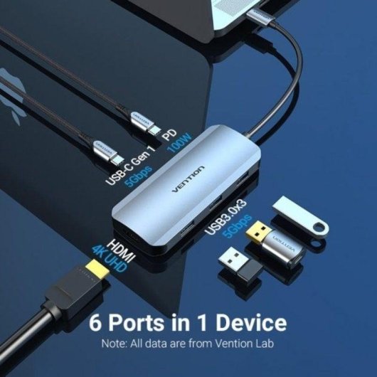 Hub USB-C 6-en-1 Vention TOFHB HDMI 4K USB3.0 PD100W Gris