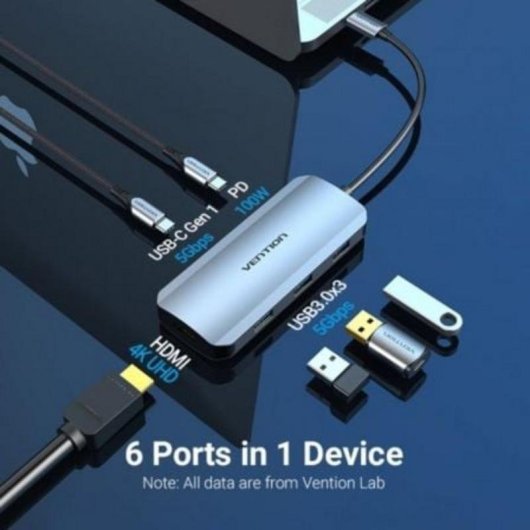 Hub USB-C 6-en-1 Vention TOFHB HDMI 4K USB3.0 PD100W Gris