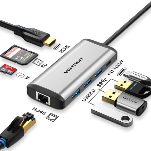 Adattatore USB-C Vention 8 in 1 HDMI 4K USB 3.0 RJ45 87W SD/TF Alluminio